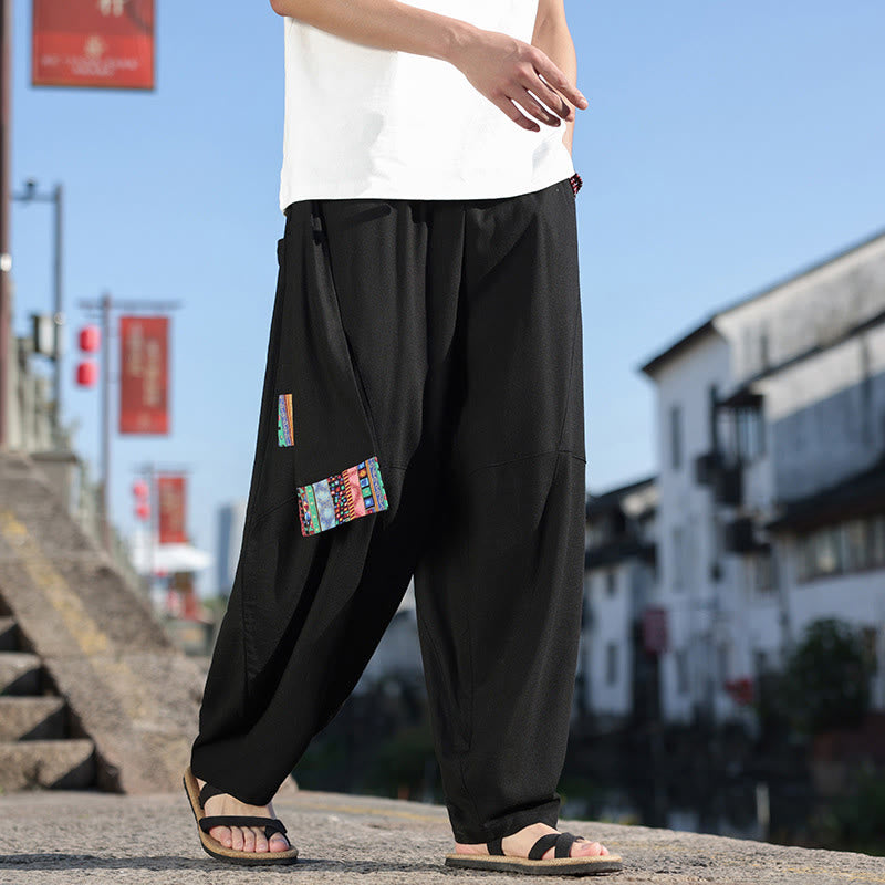 Simple Patchwork Design Drawstring Soft Cotton Men's Wide Leg Pants With Pockets
