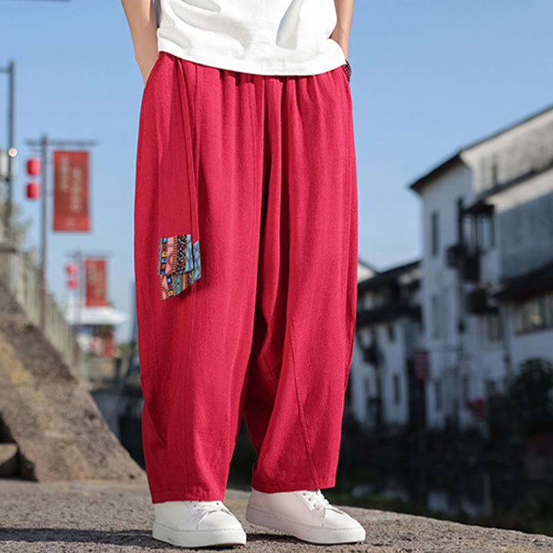 Simple Patchwork Design Drawstring Soft Cotton Men's Wide Leg Pants With Pockets