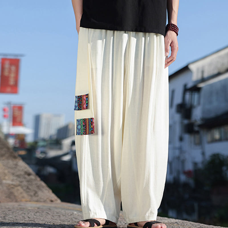 Simple Patchwork Design Drawstring Soft Cotton Men's Wide Leg Pants With Pockets