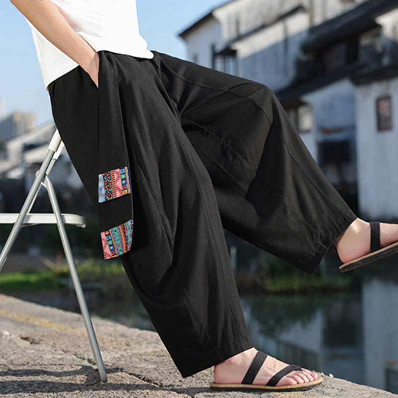 Simple Patchwork Design Drawstring Soft Cotton Men's Wide Leg Pants With Pockets