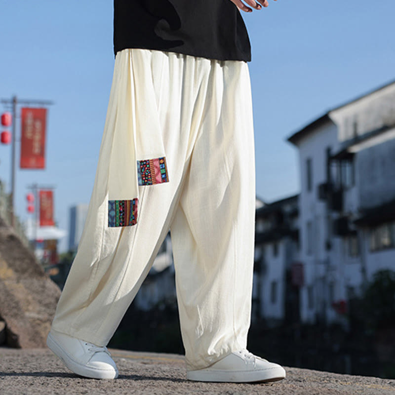 Simple Patchwork Design Drawstring Soft Cotton Men's Wide Leg Pants With Pockets