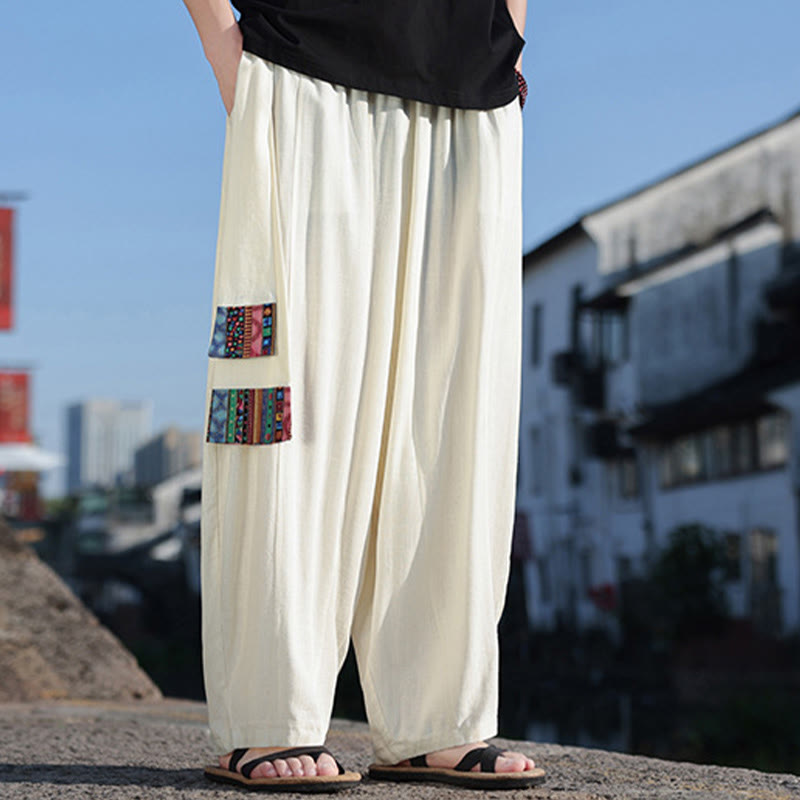Simple Patchwork Design Drawstring Soft Cotton Men's Wide Leg Pants With Pockets