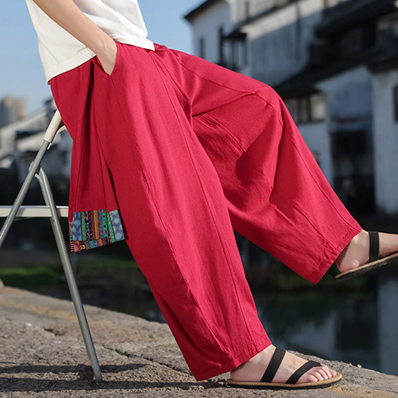 Simple Patchwork Design Drawstring Soft Cotton Men's Wide Leg Pants With Pockets