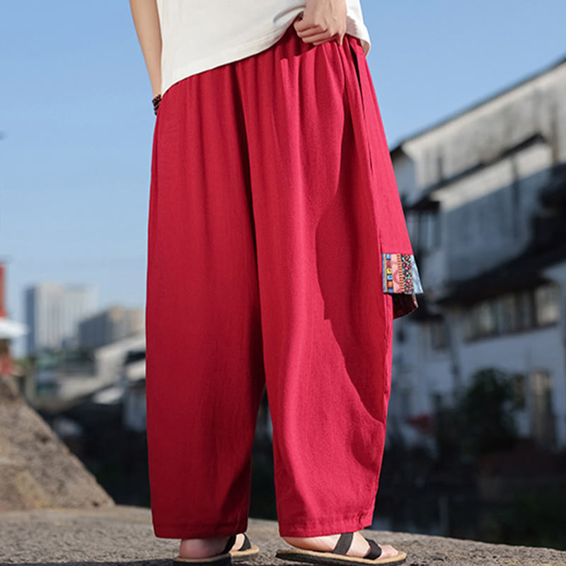 Simple Patchwork Design Drawstring Soft Cotton Men's Wide Leg Pants With Pockets