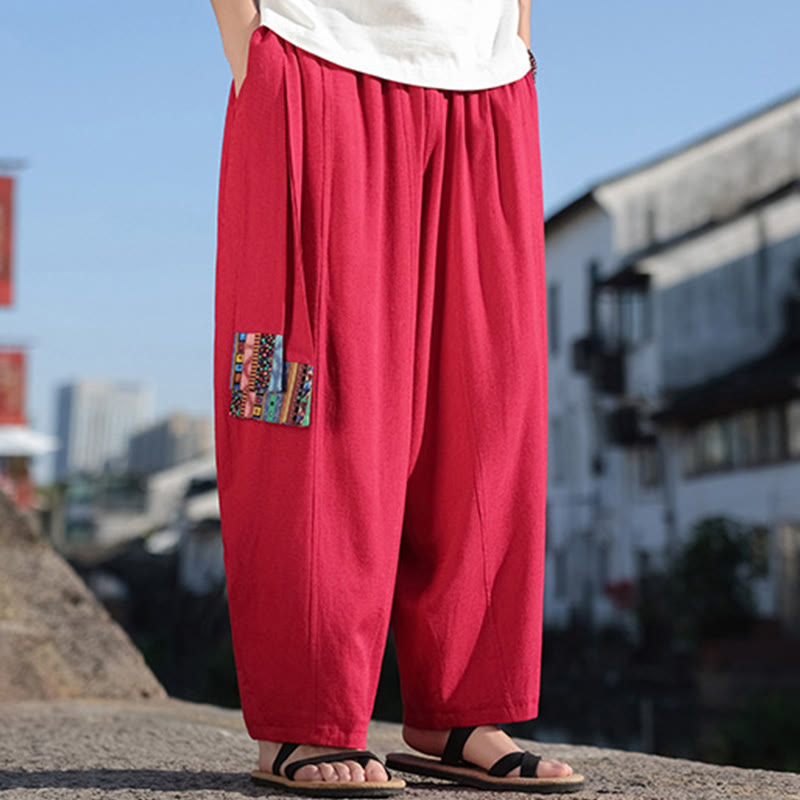 Simple Patchwork Design Drawstring Soft Cotton Men's Wide Leg Pants With Pockets
