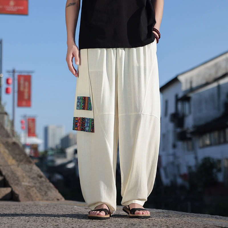 Simple Patchwork Design Drawstring Soft Cotton Men's Wide Leg Pants With Pockets