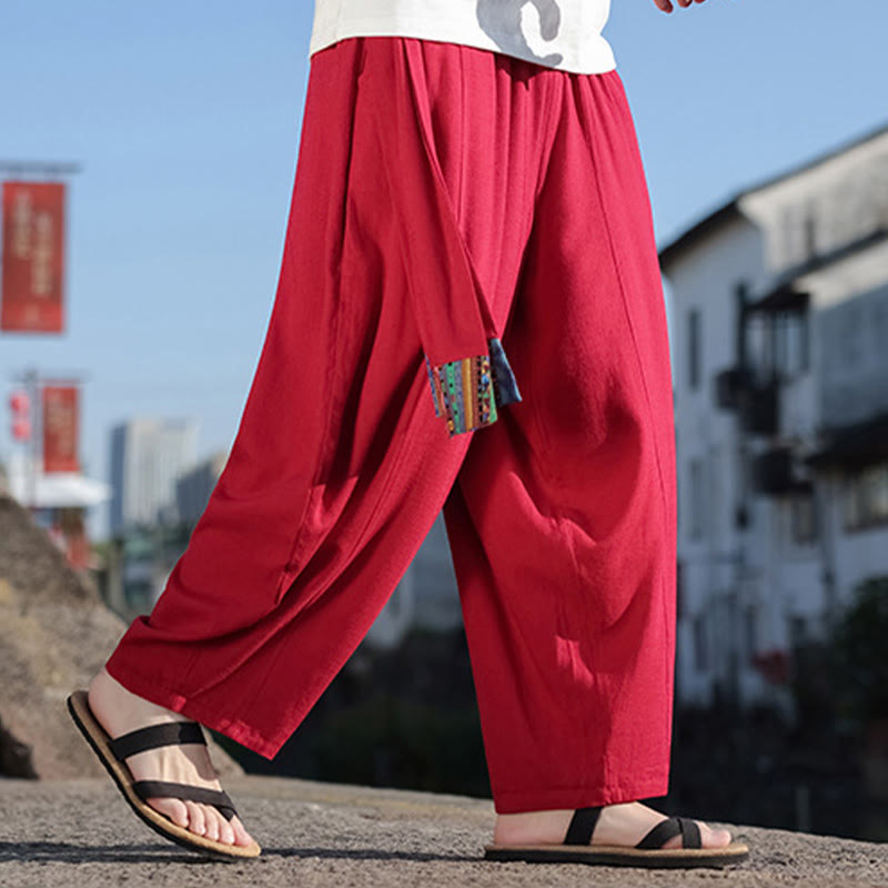 Simple Patchwork Design Drawstring Soft Cotton Men's Wide Leg Pants With Pockets