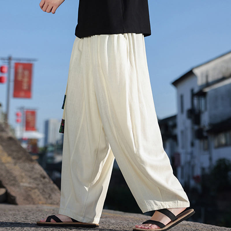 Simple Patchwork Design Drawstring Soft Cotton Men's Wide Leg Pants With Pockets