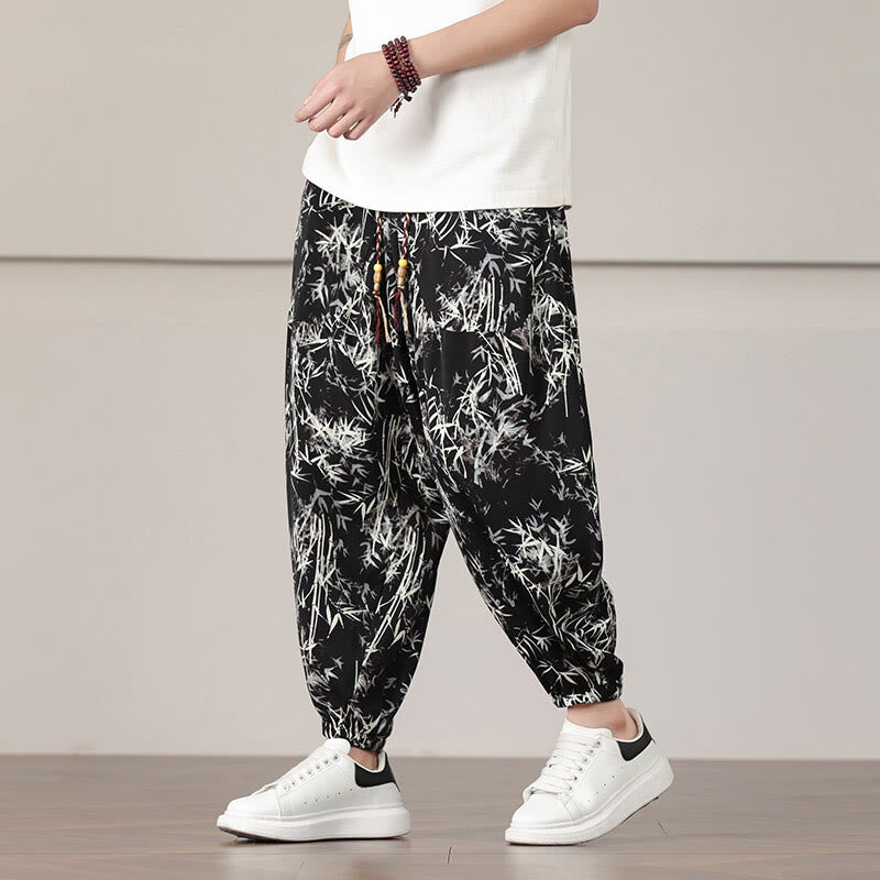 Elastic Bamboo Print Wide-Leg Meditation Harem Pants