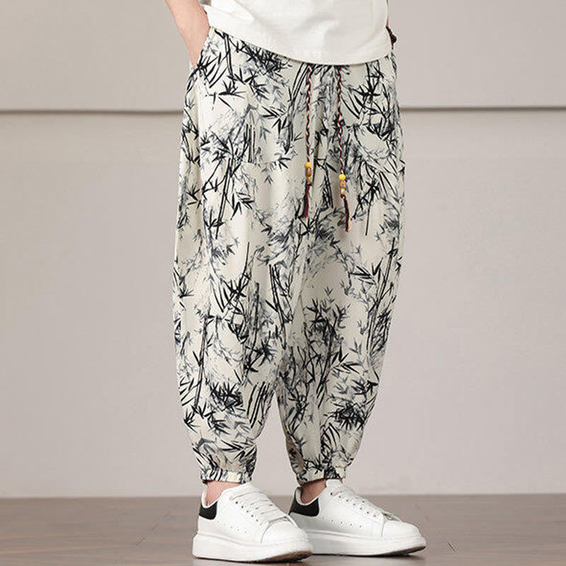 Elastic Bamboo Print Wide-Leg Meditation Harem Pants