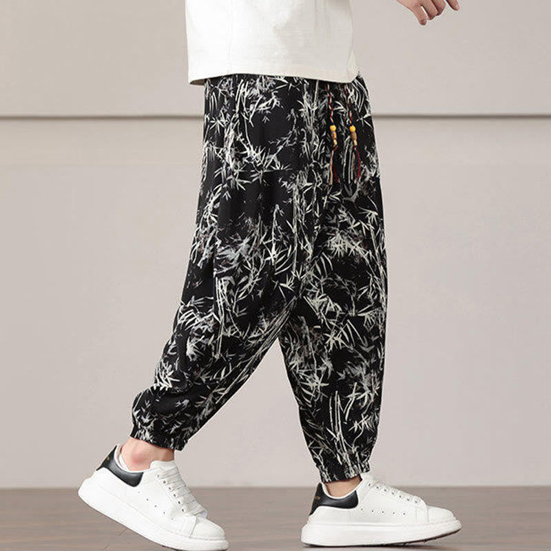 Elastic Bamboo Print Wide-Leg Meditation Harem Pants