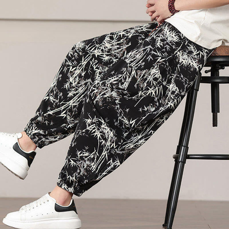 Elastic Bamboo Print Wide-Leg Meditation Harem Pants