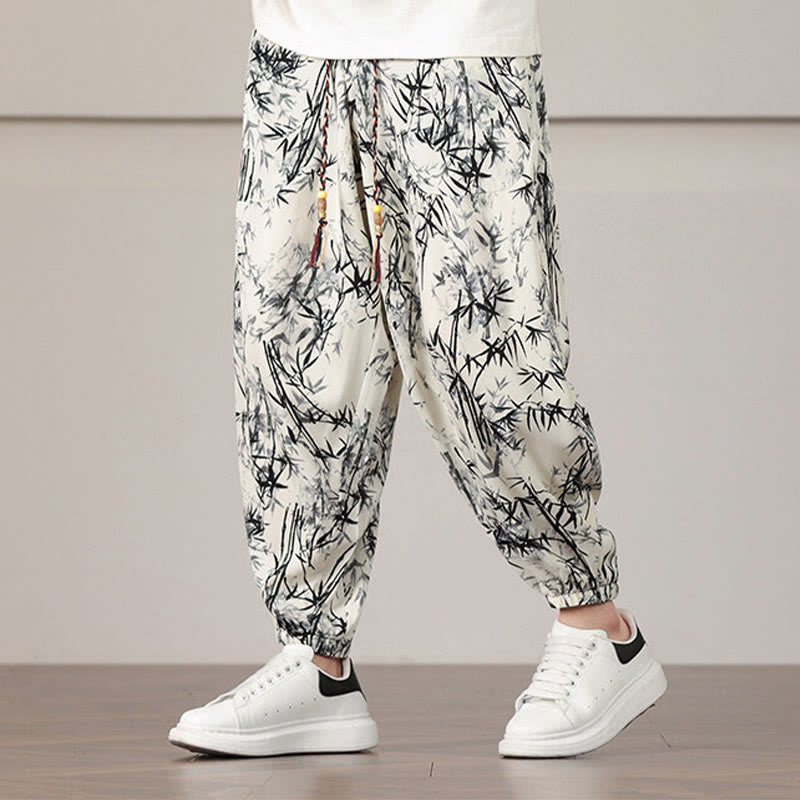 Elastic Bamboo Print Wide-Leg Meditation Harem Pants
