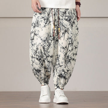 Elastic Bamboo Print Wide-Leg Meditation Harem Pants