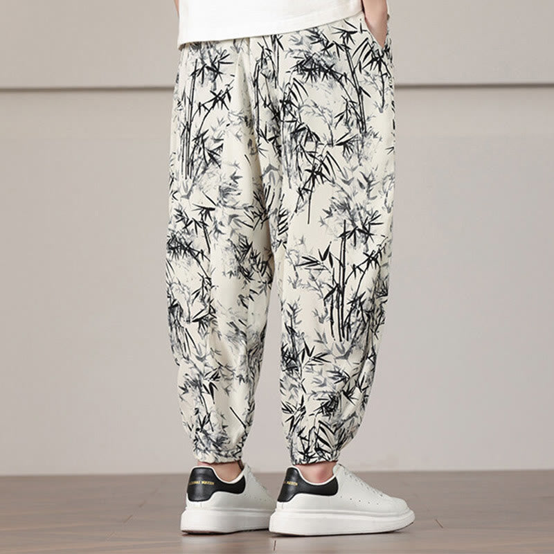 Elastic Bamboo Print Wide-Leg Meditation Harem Pants