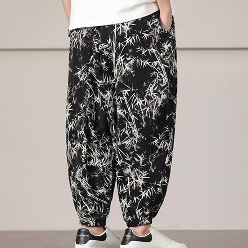 Elastic Bamboo Print Wide-Leg Meditation Harem Pants