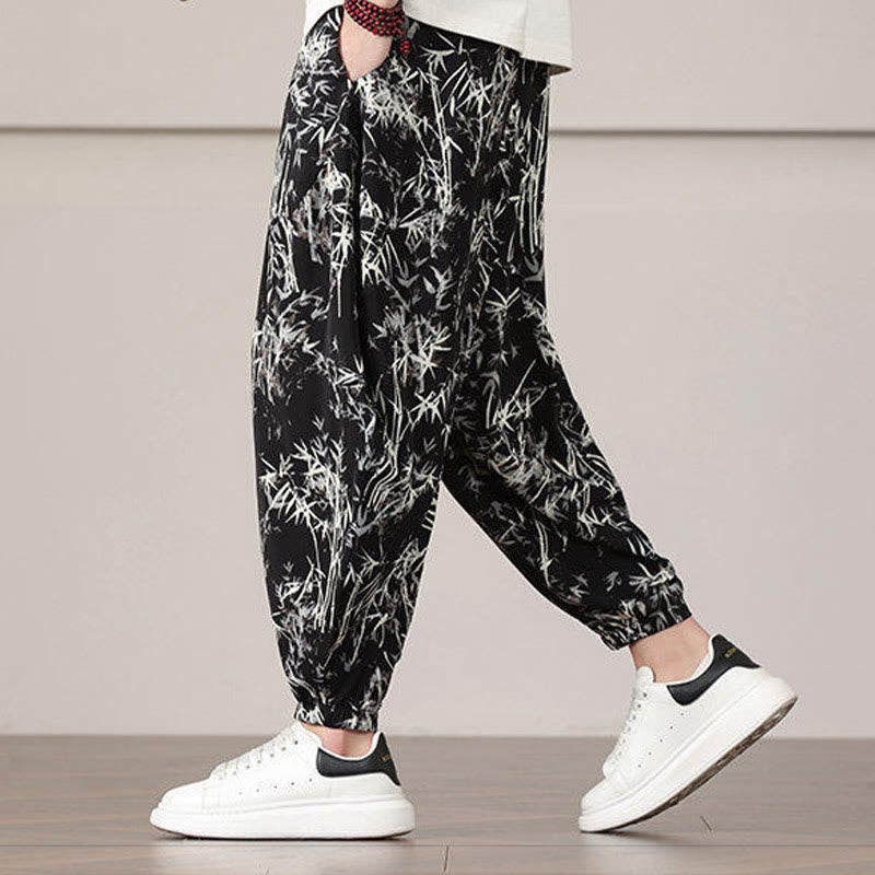 Elastic Bamboo Print Wide-Leg Meditation Harem Pants