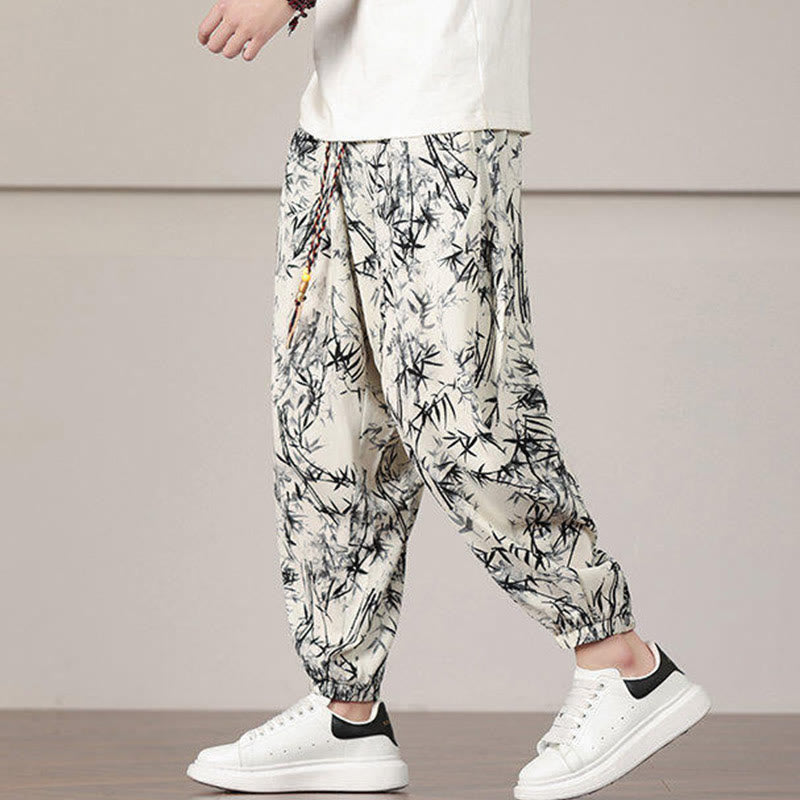 Elastic Bamboo Print Wide-Leg Meditation Harem Pants