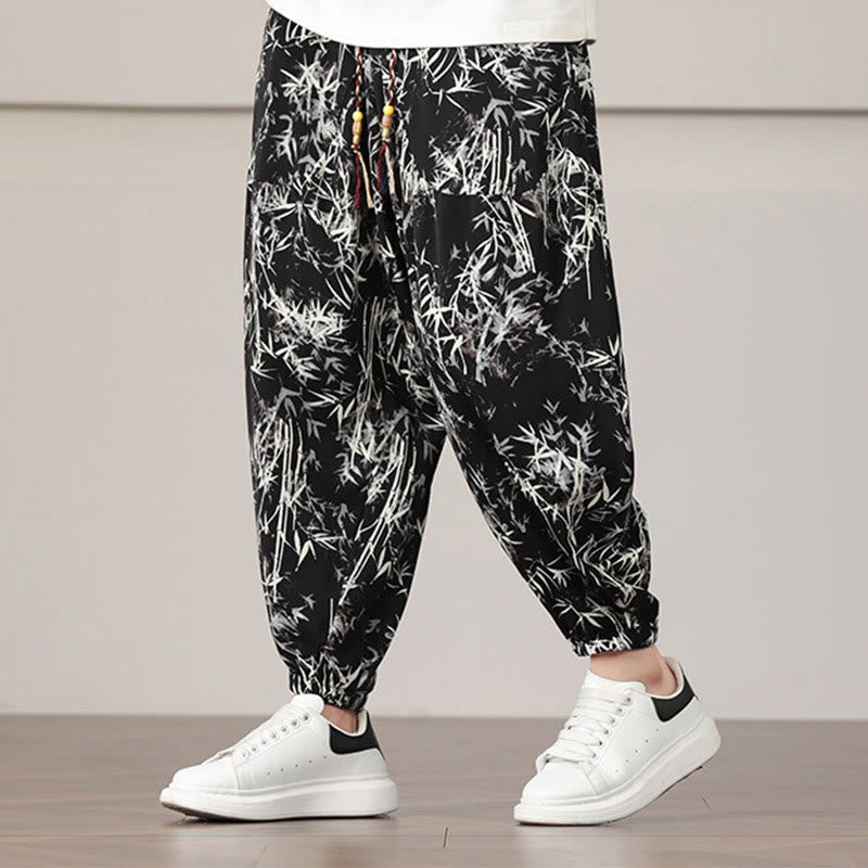 Elastic Bamboo Print Wide-Leg Meditation Harem Pants