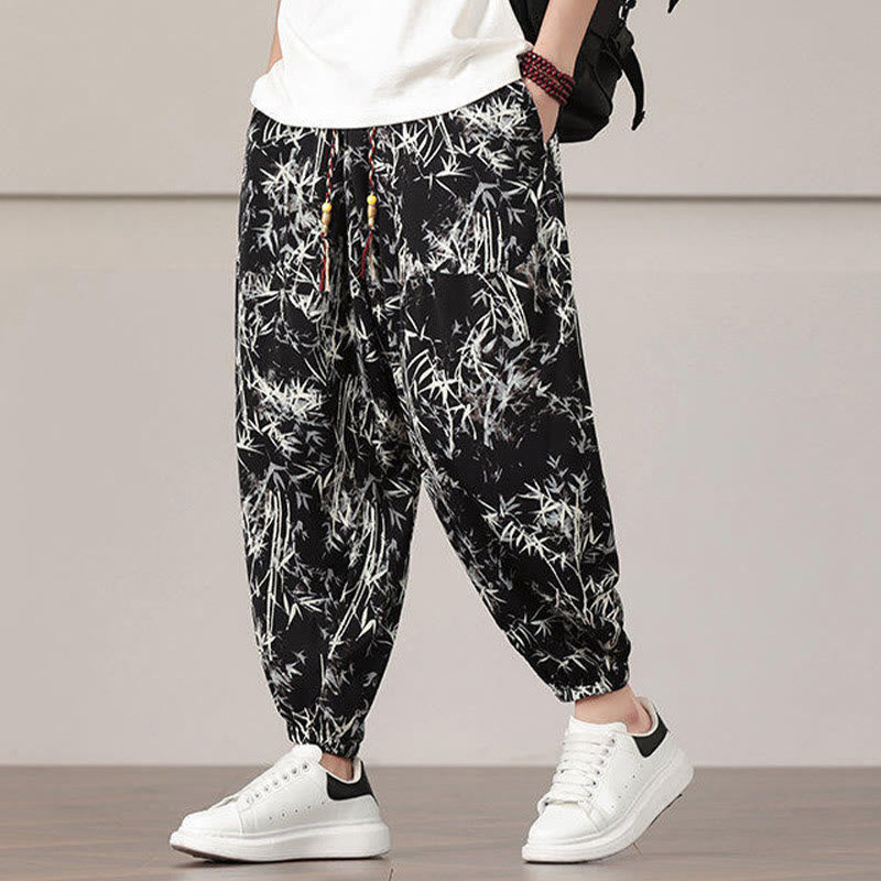 Elastic Bamboo Print Wide-Leg Meditation Harem Pants