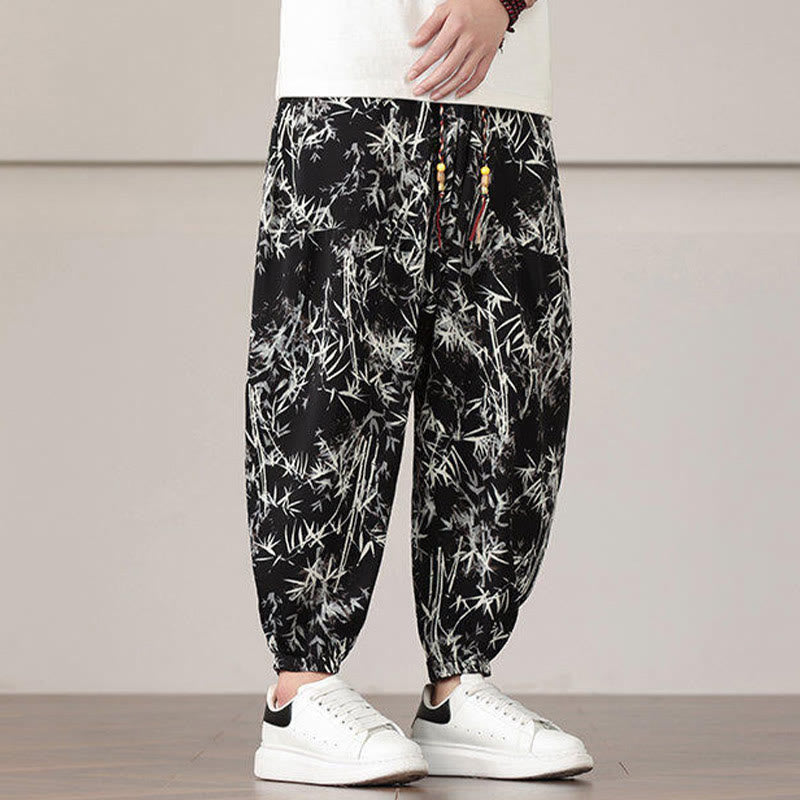 Elastic Bamboo Print Wide-Leg Meditation Harem Pants