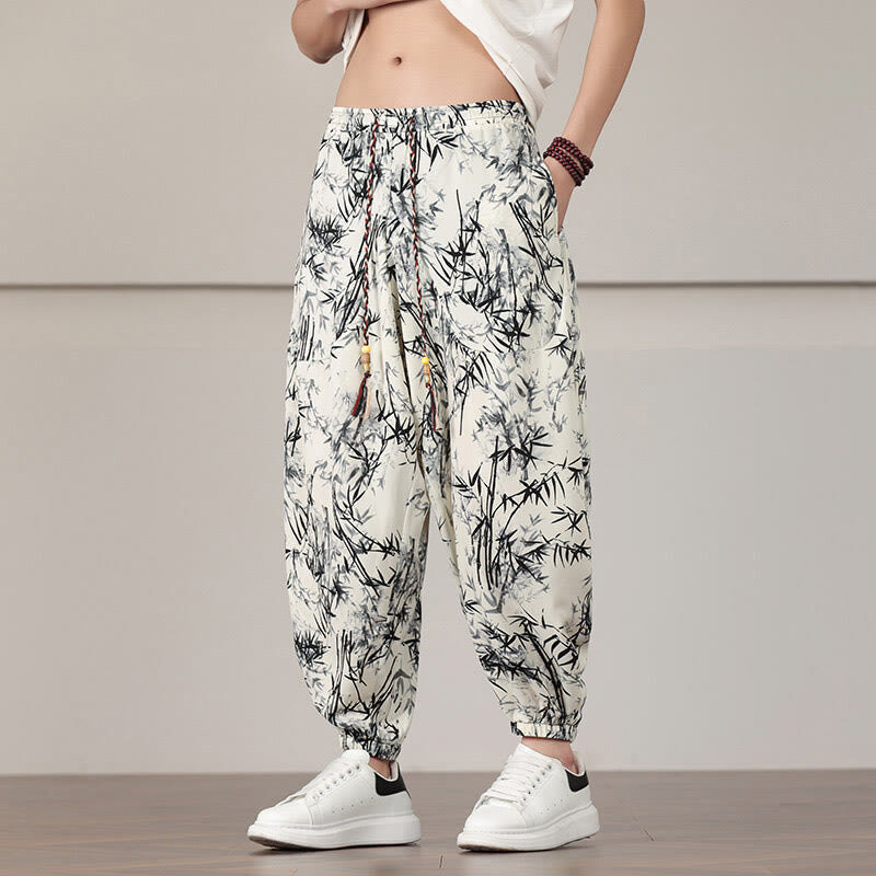 Elastic Bamboo Print Wide-Leg Meditation Harem Pants