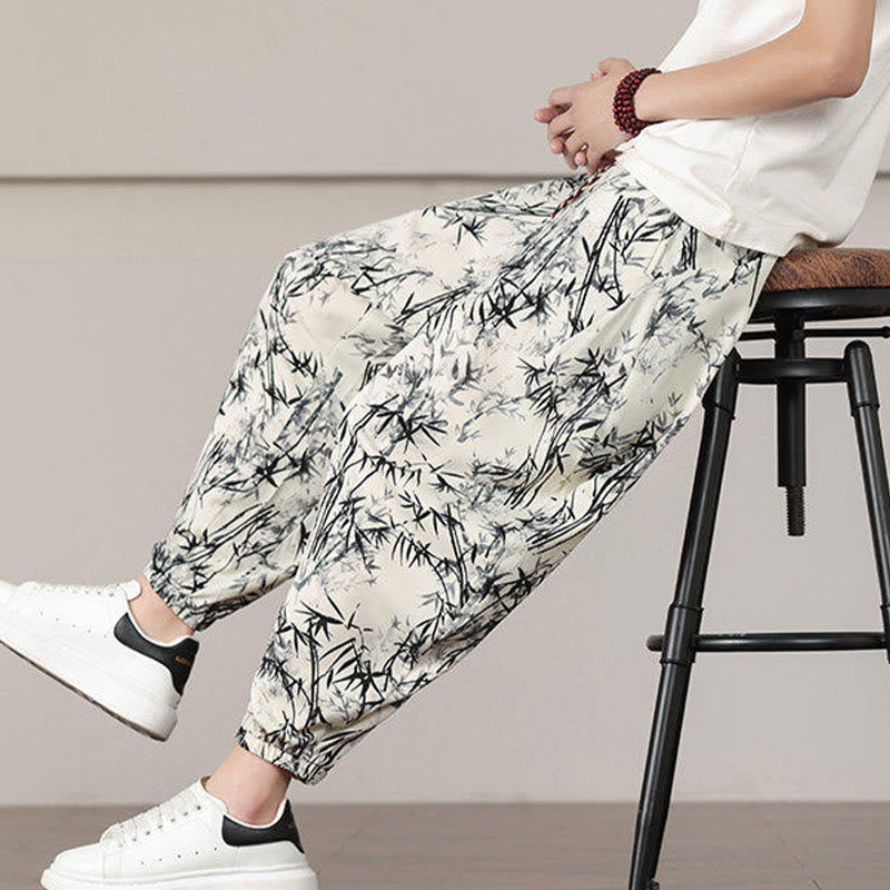 Elastic Bamboo Print Wide-Leg Meditation Harem Pants