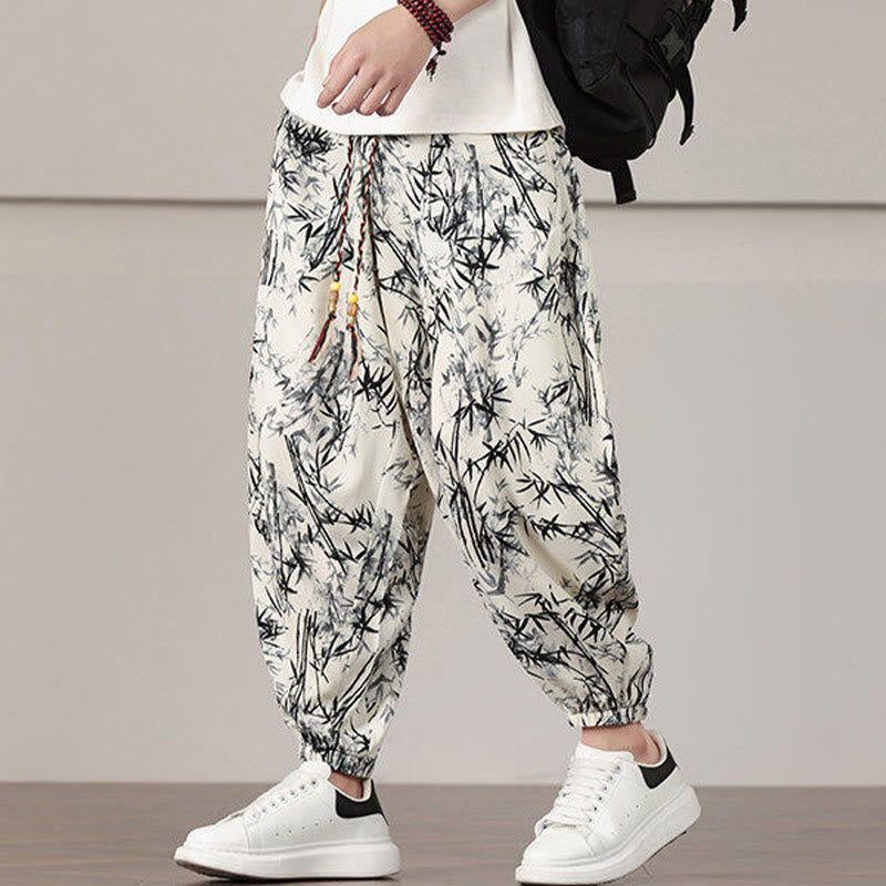 Elastic Bamboo Print Wide-Leg Meditation Harem Pants