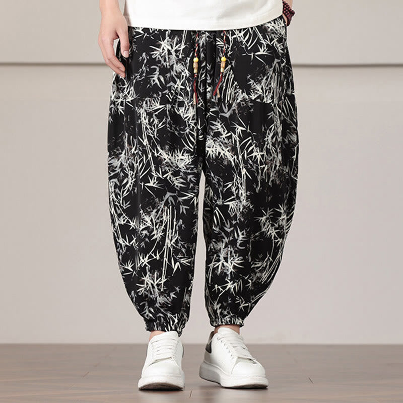 Elastic Bamboo Print Wide-Leg Meditation Harem Pants