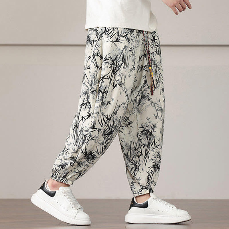 Elastic Bamboo Print Wide-Leg Meditation Harem Pants