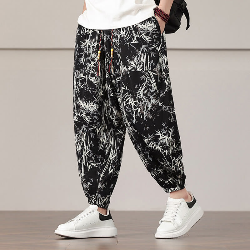 Elastic Bamboo Print Wide-Leg Meditation Harem Pants