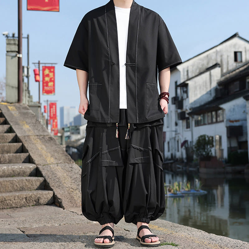 2Pcs Black Frog-Button Cotton Men's Kimono Jacket Drawstring Wide Leg Pants With Pockets
