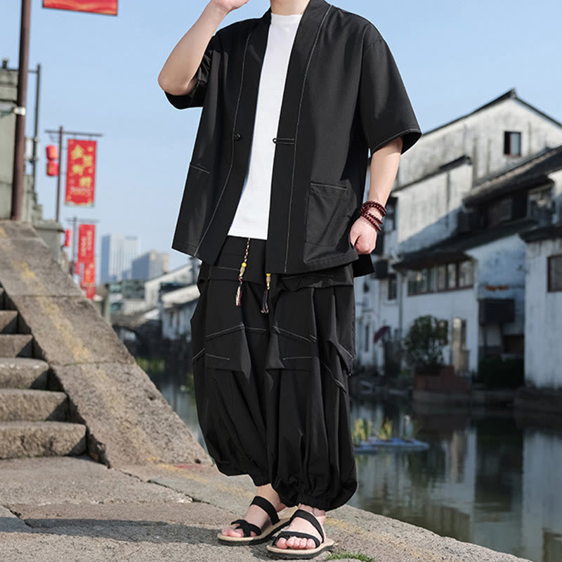 2Pcs Black Frog-Button Cotton Men's Kimono Jacket Drawstring Wide Leg Pants With Pockets