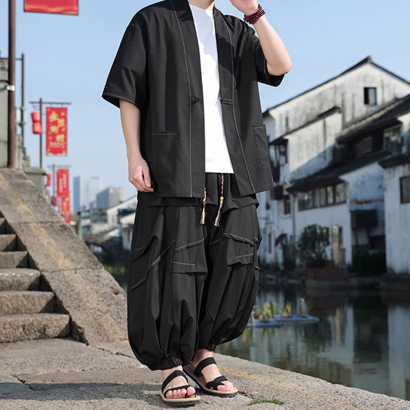 2Pcs Black Frog-Button Cotton Men's Kimono Jacket Drawstring Wide Leg Pants With Pockets