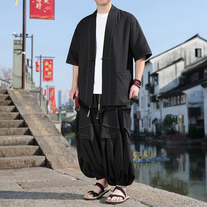 2Pcs Black Frog-Button Cotton Men's Kimono Jacket Drawstring Wide Leg Pants With Pockets