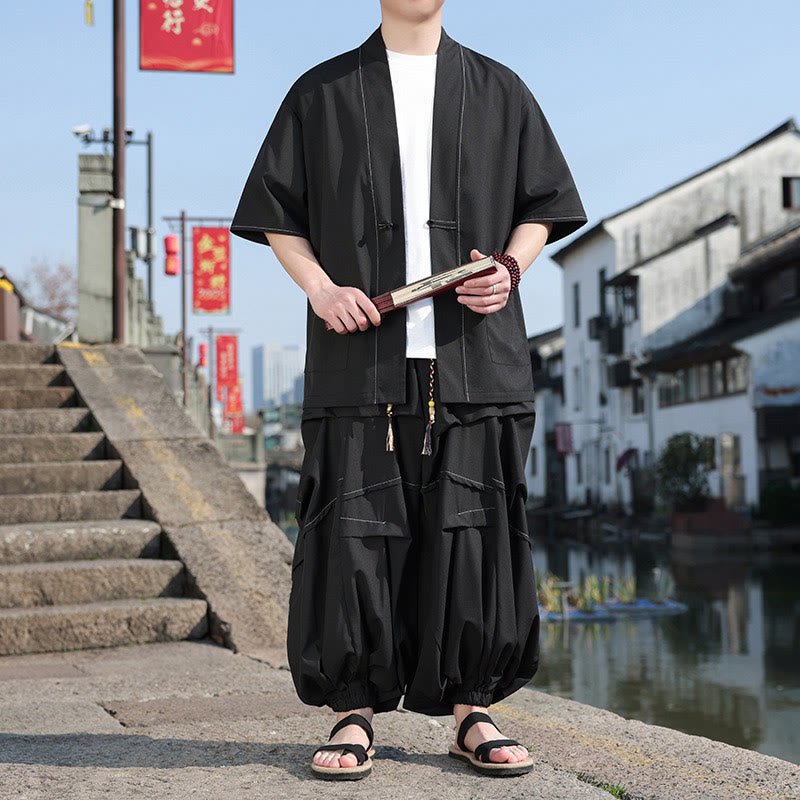 2Pcs Black Frog-Button Cotton Men's Kimono Jacket Drawstring Wide Leg Pants With Pockets