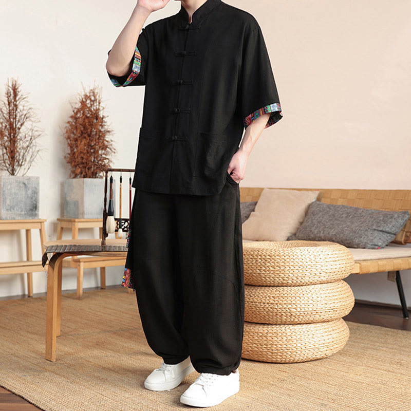 2Pcs Patchwork Chinese Frog-Button Shirt Wide Leg Pants Men's Meditation Cloth Set With Pockets