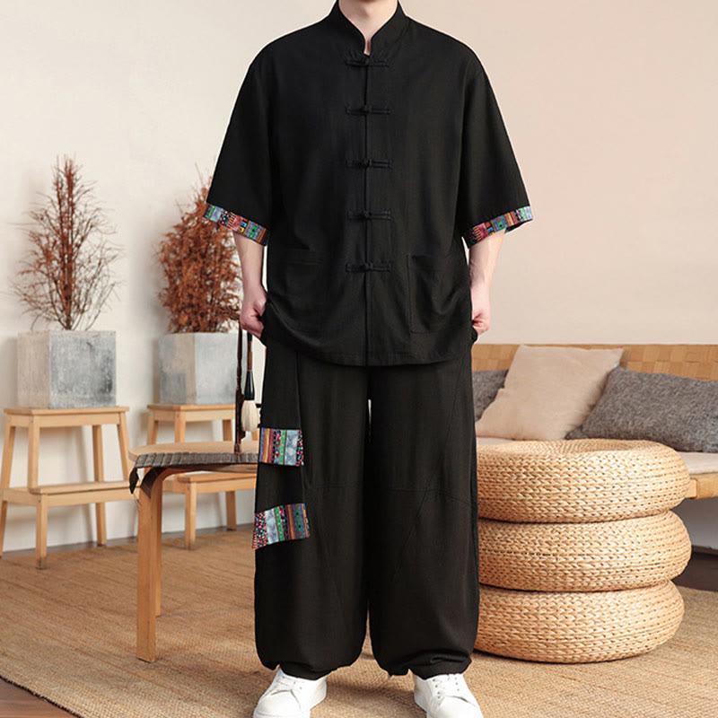 2Pcs Patchwork Chinese Frog-Button Shirt Wide Leg Pants Men's Meditation Cloth Set With Pockets