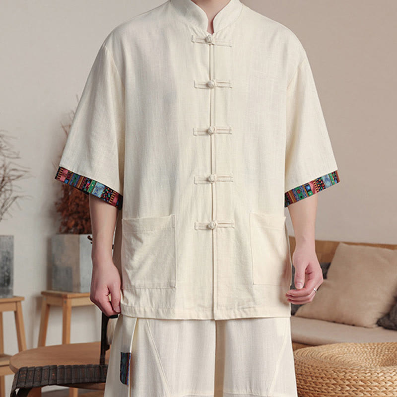 2Pcs Patchwork Chinese Frog-Button Shirt Wide Leg Pants Men's Meditation Cloth Set With Pockets