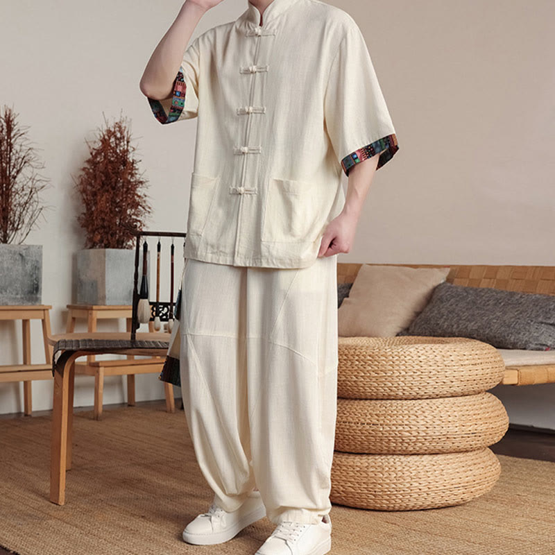 2Pcs Patchwork Chinese Frog-Button Shirt Wide Leg Pants Men's Meditation Cloth Set With Pockets
