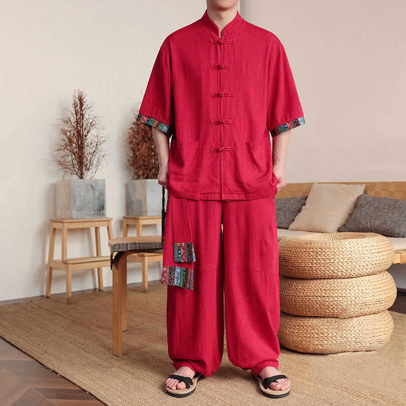 2Pcs Patchwork Chinese Frog-Button Shirt Wide Leg Pants Men's Meditation Cloth Set With Pockets