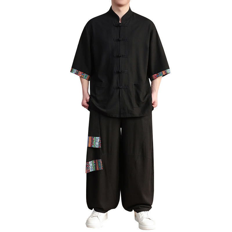 2Pcs Patchwork Chinese Frog-Button Shirt Wide Leg Pants Men's Meditation Cloth Set With Pockets