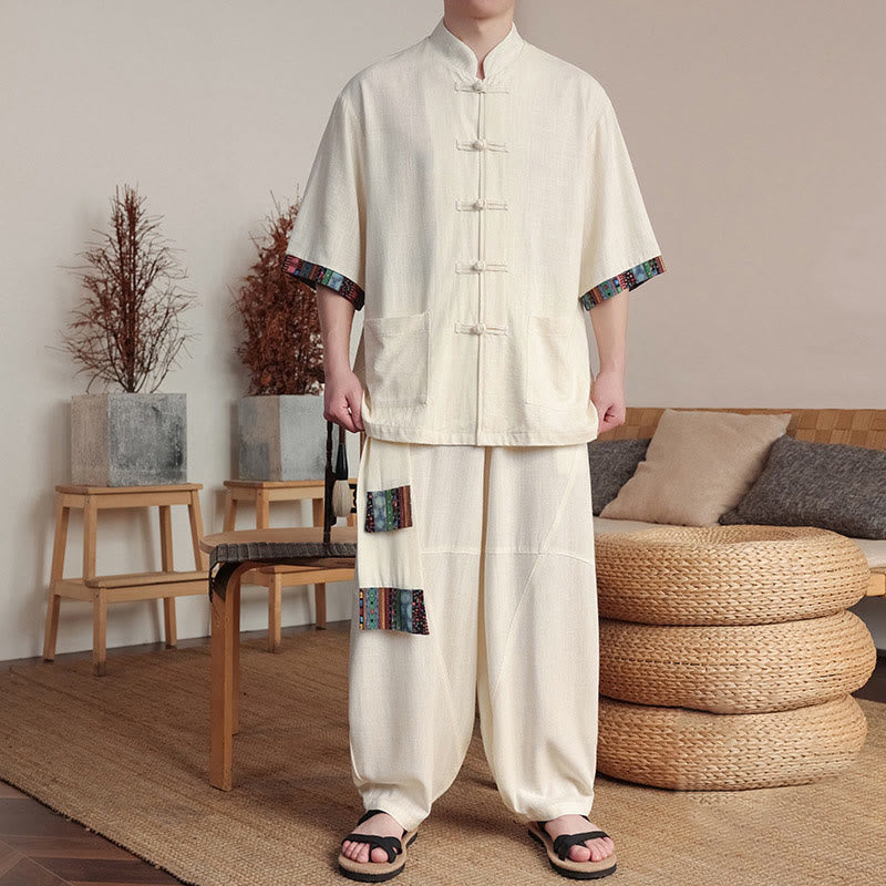 2Pcs Patchwork Chinese Frog-Button Shirt Wide Leg Pants Men's Meditation Cloth Set With Pockets