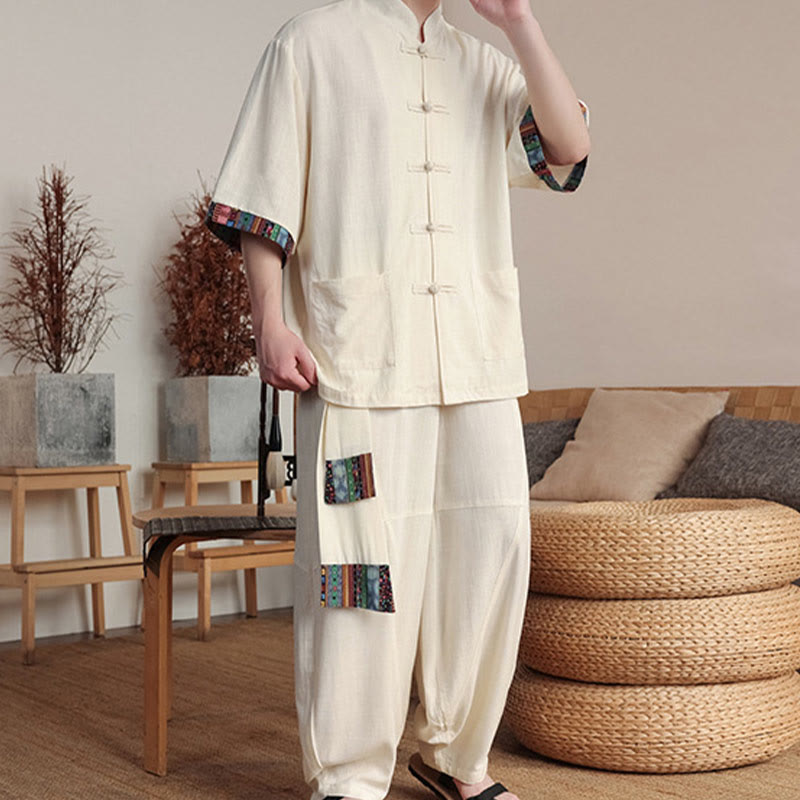 2Pcs Patchwork Chinese Frog-Button Shirt Wide Leg Pants Men's Meditation Cloth Set With Pockets