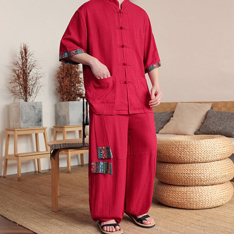 2Pcs Patchwork Chinese Frog-Button Shirt Wide Leg Pants Men's Meditation Cloth Set With Pockets