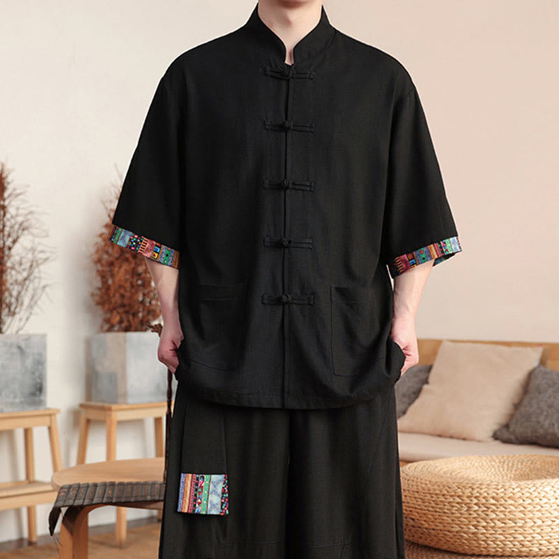 2Pcs Patchwork Chinese Frog-Button Shirt Wide Leg Pants Men's Meditation Cloth Set With Pockets
