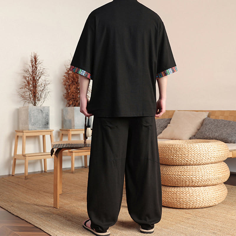 2Pcs Patchwork Chinese Frog-Button Shirt Wide Leg Pants Men's Meditation Cloth Set With Pockets