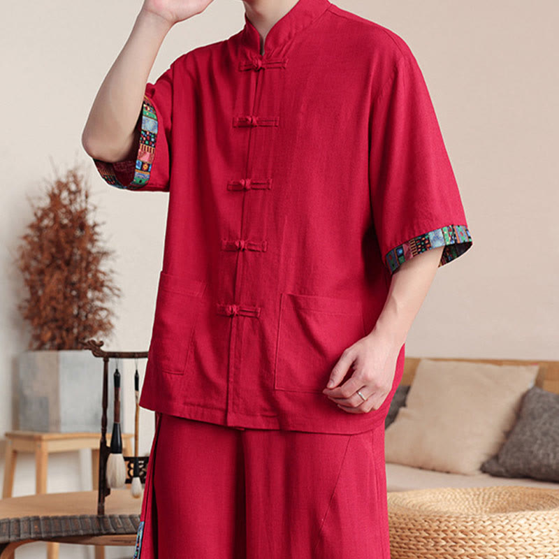 2Pcs Patchwork Chinese Frog-Button Shirt Wide Leg Pants Men's Meditation Cloth Set With Pockets