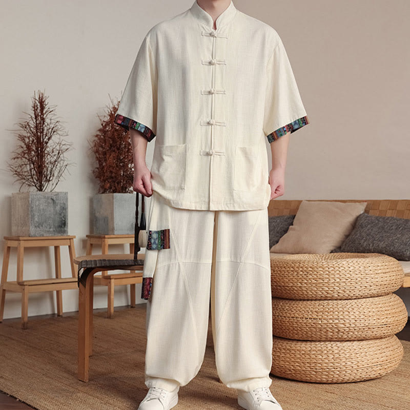 2Pcs Patchwork Chinese Frog-Button Shirt Wide Leg Pants Men's Meditation Cloth Set With Pockets
