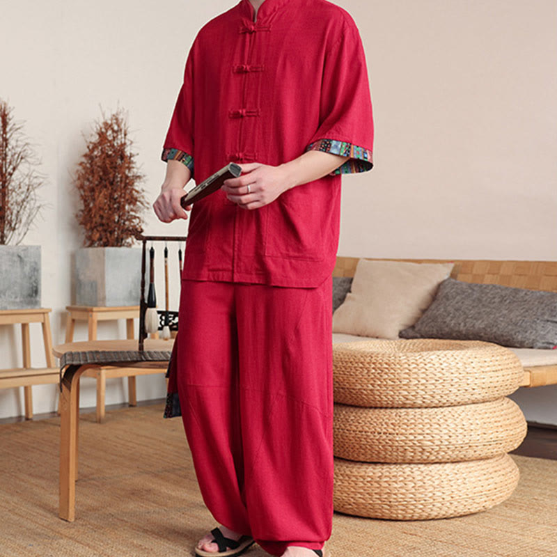 2Pcs Patchwork Chinese Frog-Button Shirt Wide Leg Pants Men's Meditation Cloth Set With Pockets